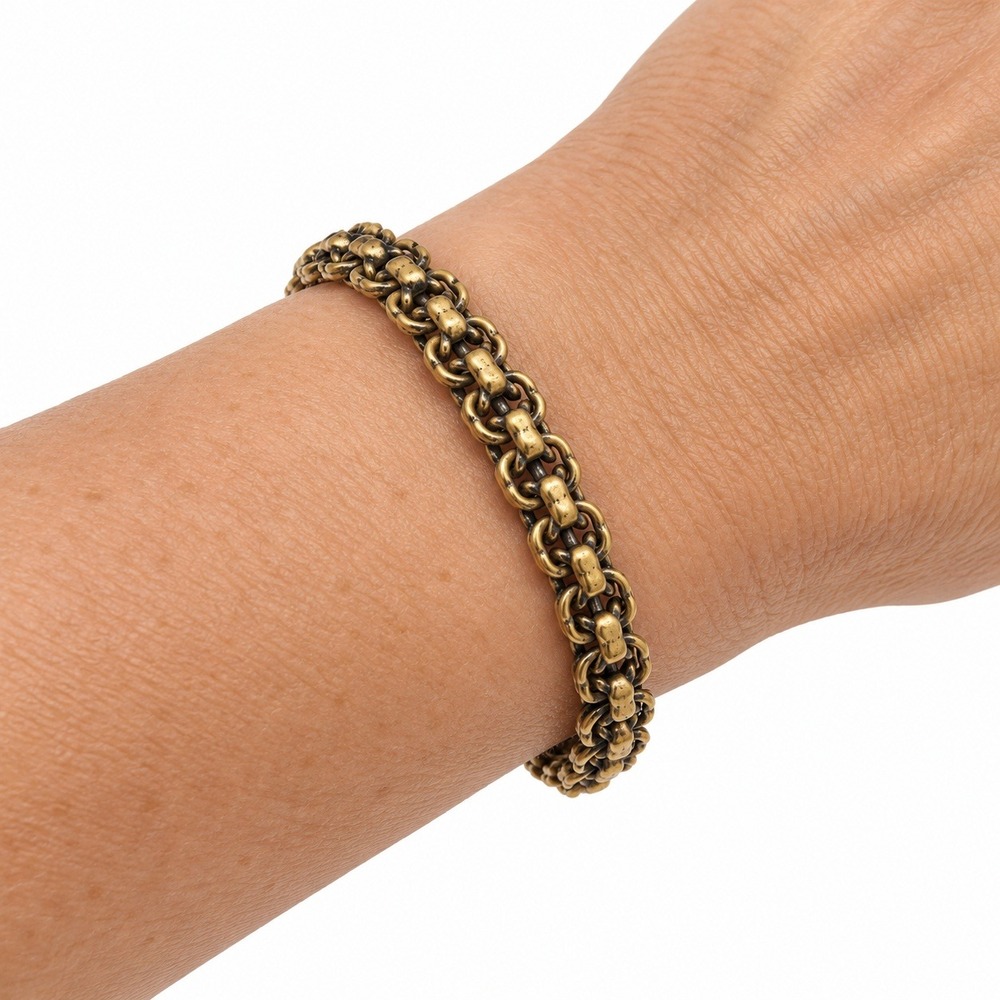 Vintage Antiqued Gold Tone Charro Button Chainmail Bracelet Tribal Boho 8 Inch
